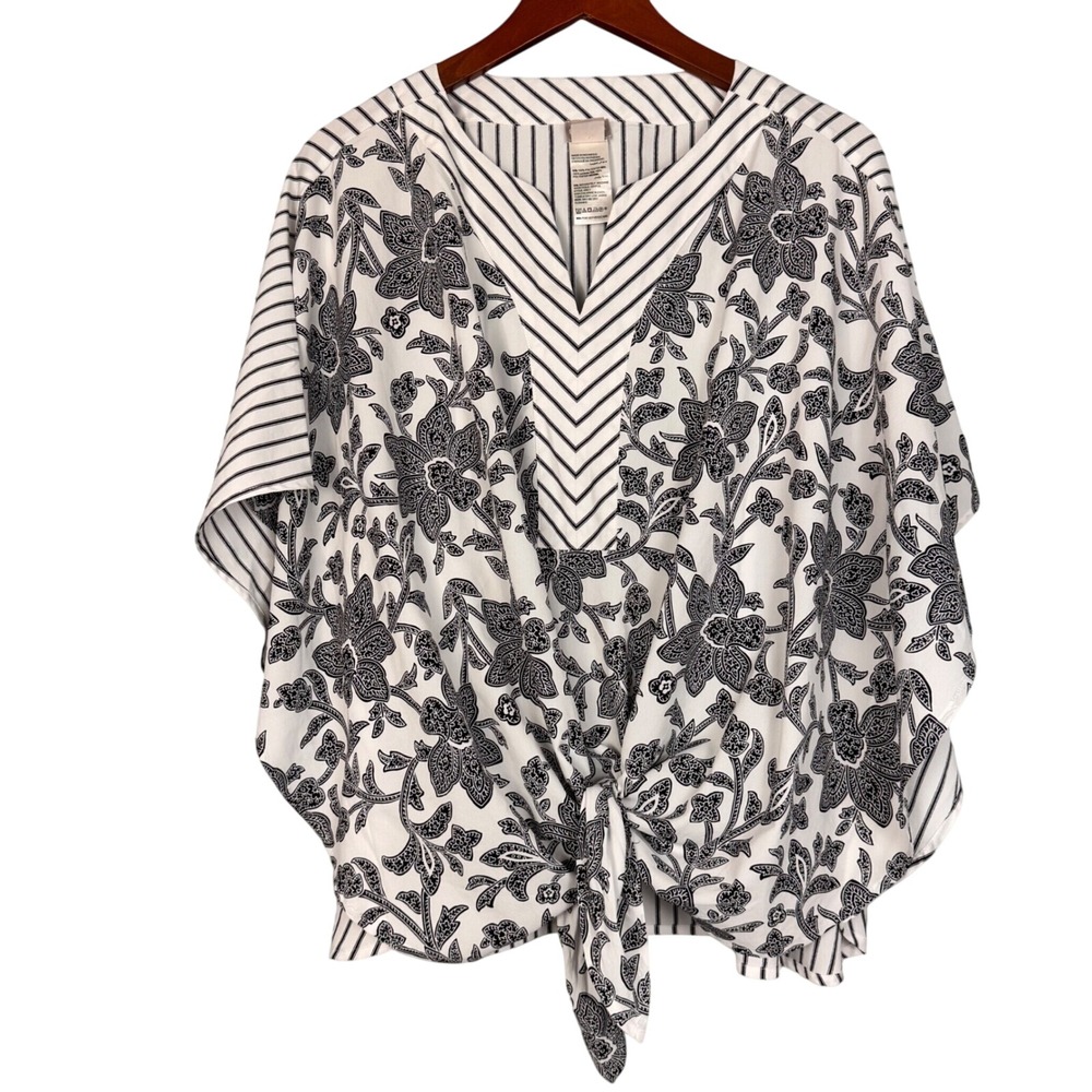 Chico's Poncho Blouse Women 3P US XL Flutter Sleeve Tie Front Floral Stripe Mix